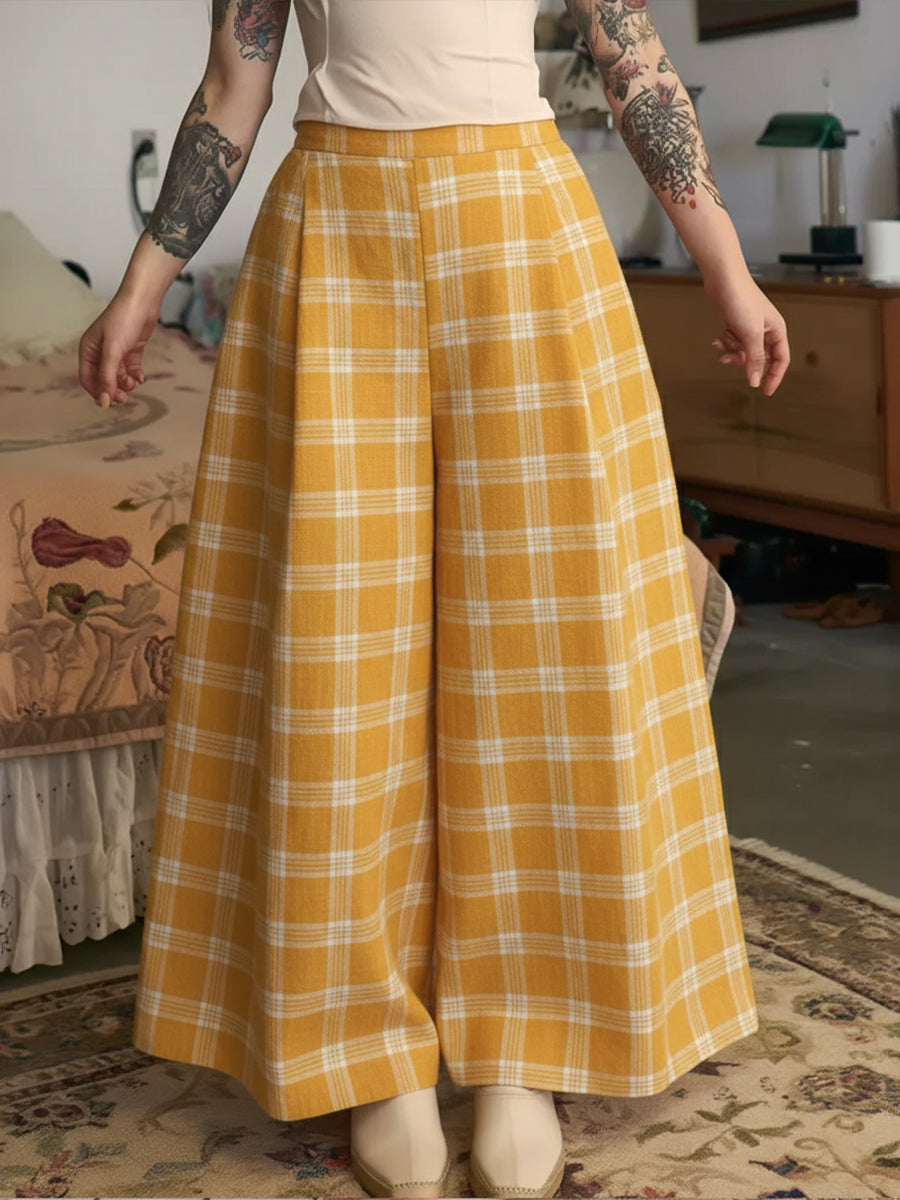 Adjustable Waist Checkered Linen And Cotton Pants
