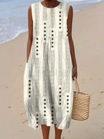 Women's Vintage Geometry Art Print Sleeveless Cotton Pocket Wrap Dress