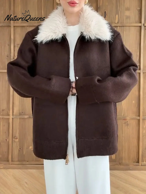 Women's Solid Color Lapel Long Sleeve Casual Loose Knit Zipper Cardigan