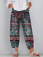 Women's Vintage Pattern Art Print Casual Cotton Denim Pants