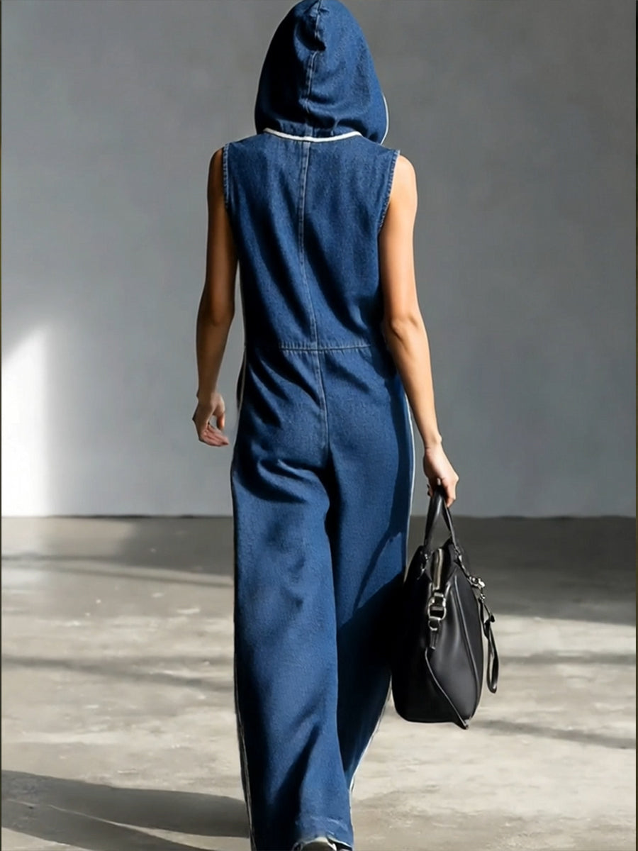Casual Patchwork Striped Hooded Denim Jumpsuit
