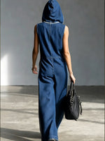 Casual Patchwork Striped Hooded Denim Jumpsuit