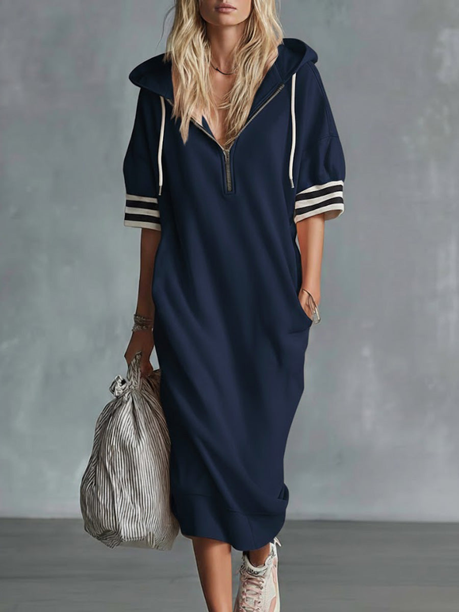 Women's 3/4 Sleeve Casual Loose Hooded Cotton Dress
