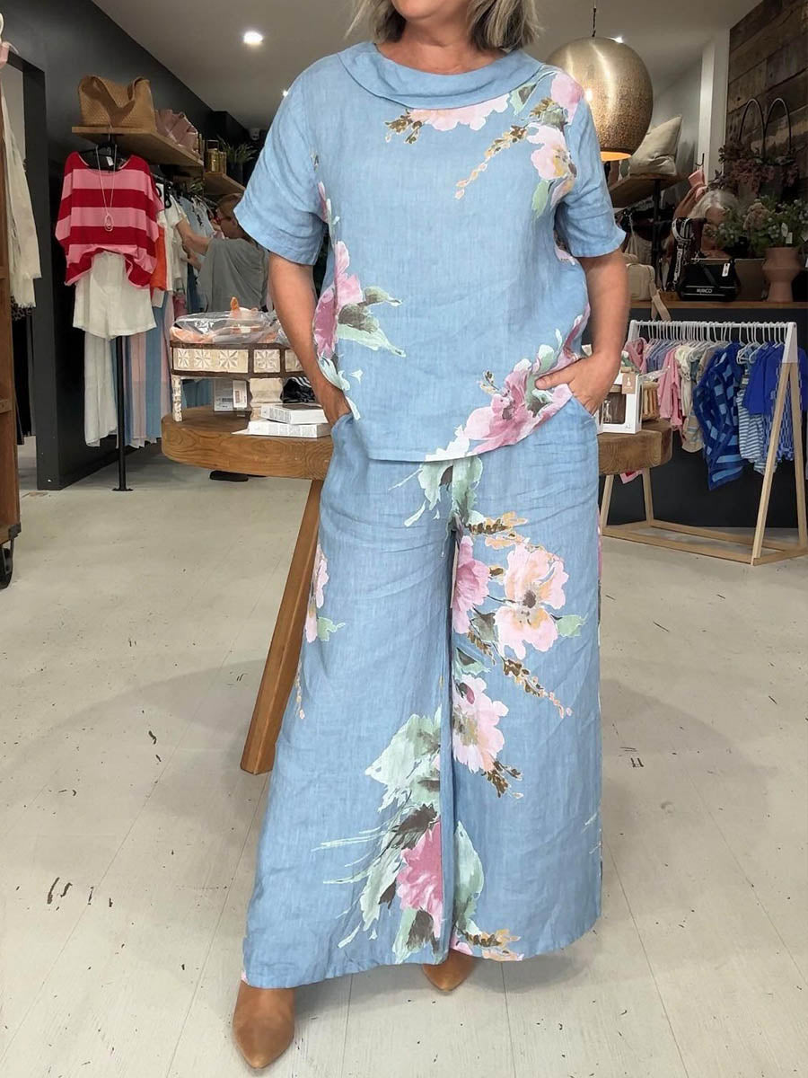 Women's Spring New Arrival Round Neck/peter Pan Collar Two-way Style Short-sleeved Casual Loose Cotton And Linen Pants Set