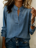Casual Cozy V-neck 100% Cotton Denim Shirt