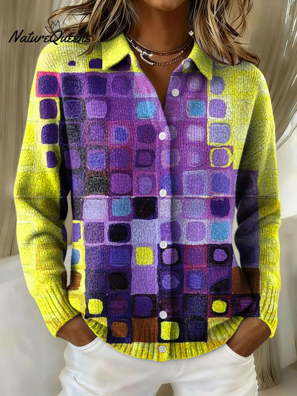 Women's Retro Patchwork Geometric Abstract Pattern Art Print Cowl Neck Sweater