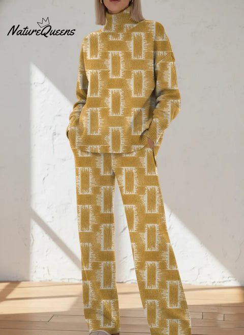 Women's Retro  Abstract Geometry Art Print Casual Knit Set