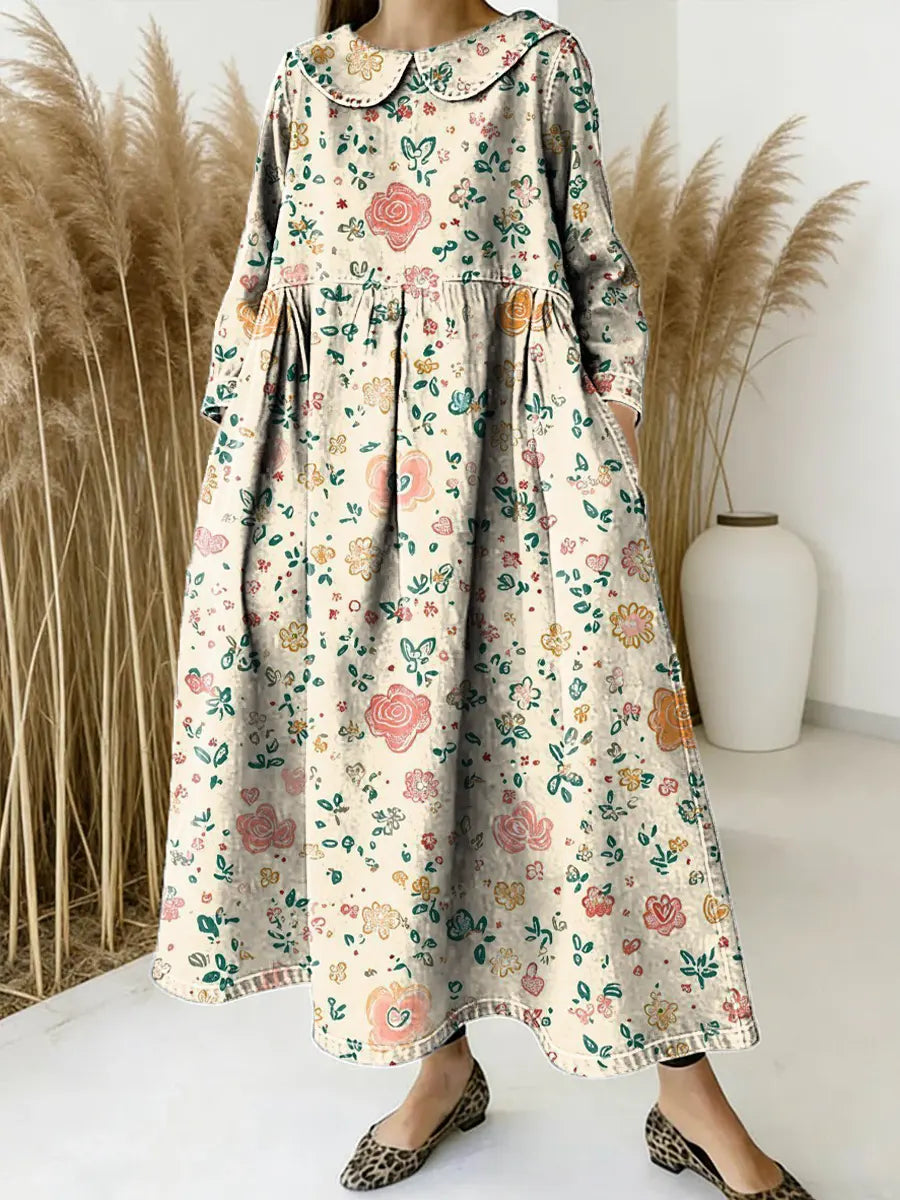 Women Floral Pattern Art Print Casual Denim Dress