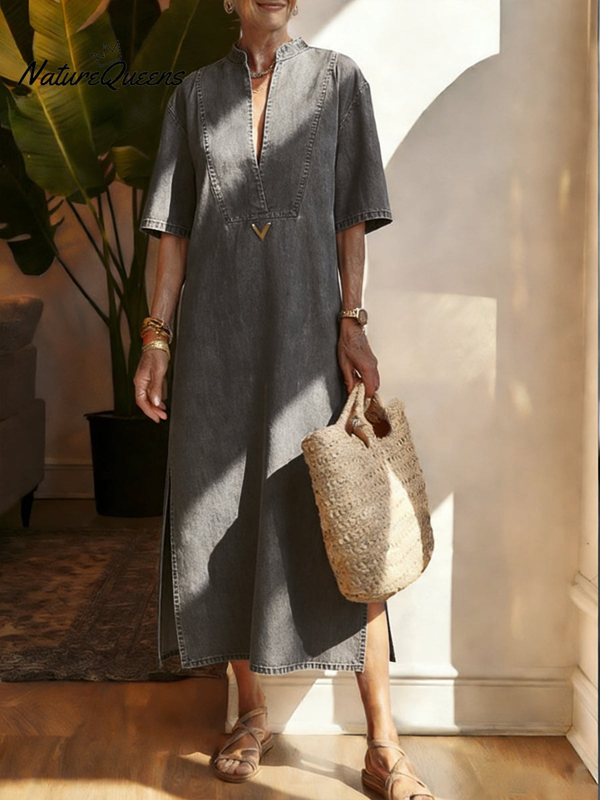 Women's V-neck Denim Cotton Dress