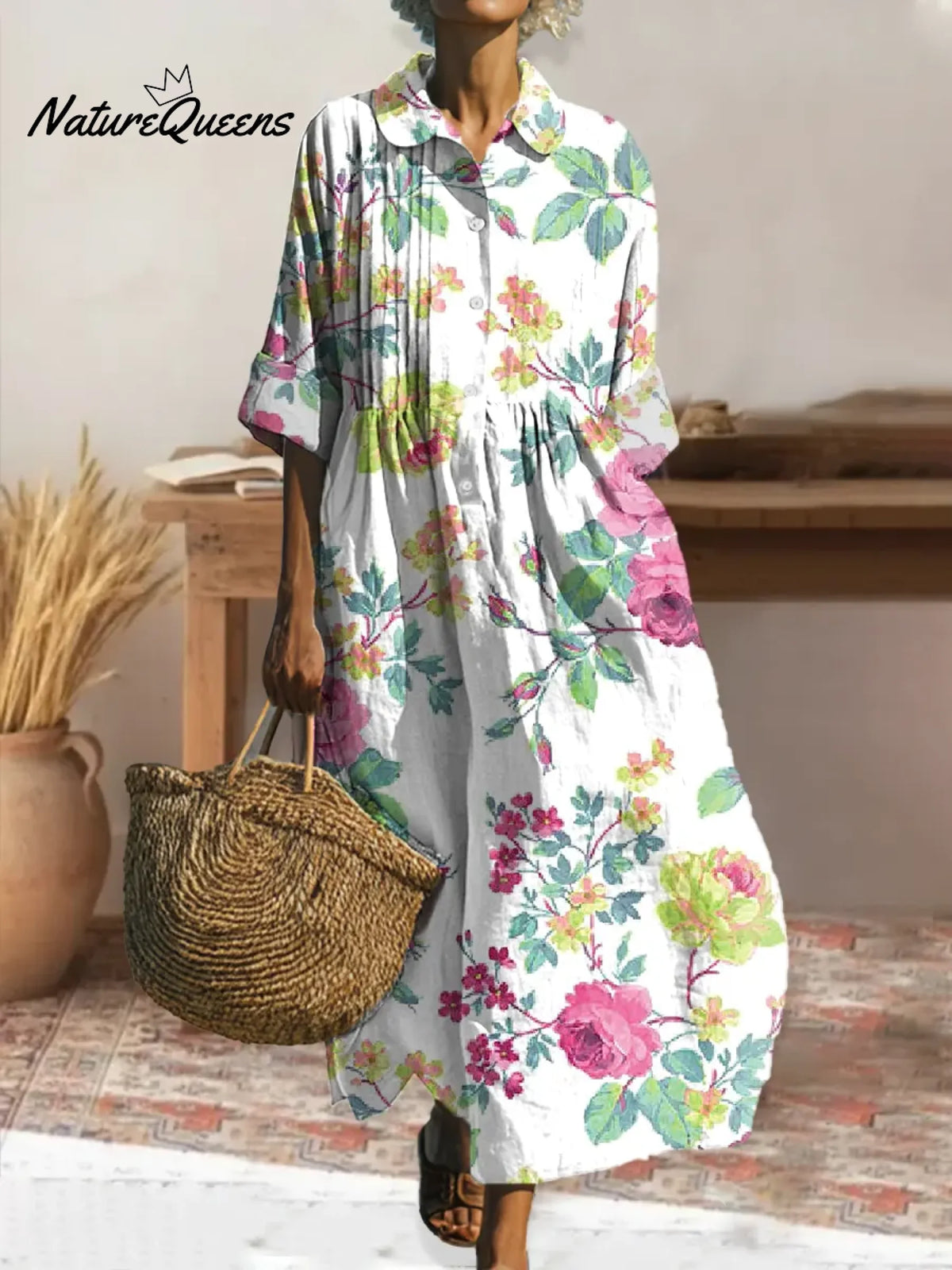 Women's Retro Floral Art Print Pleated Peter Pan Collar Casual Dress