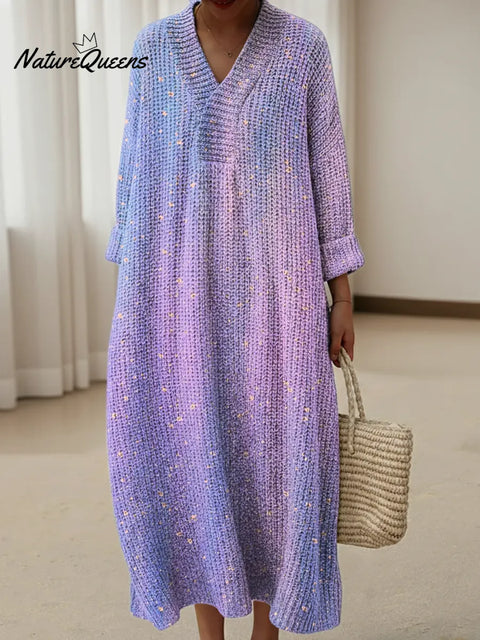 Gradient Dreamy Purple Print Knitted V-neck Dress