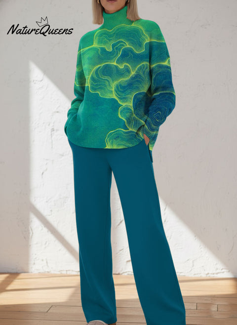 Women's Abstract Green Pattern Art Print Casual Knitted Cotton Top Pants Suit