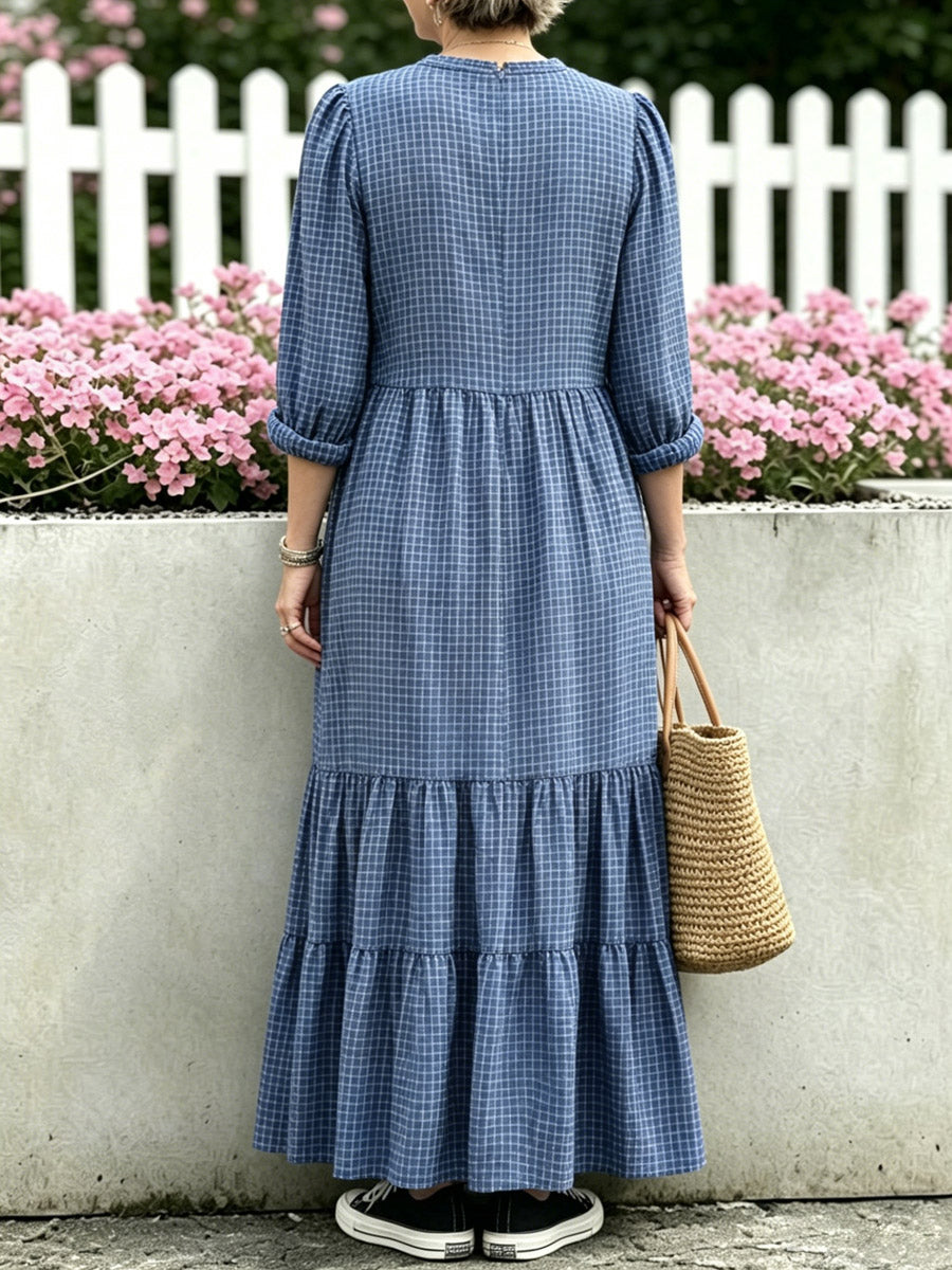 Women's Plaid Pattern Art Casual Long Sleeve Cotton Linen Dress