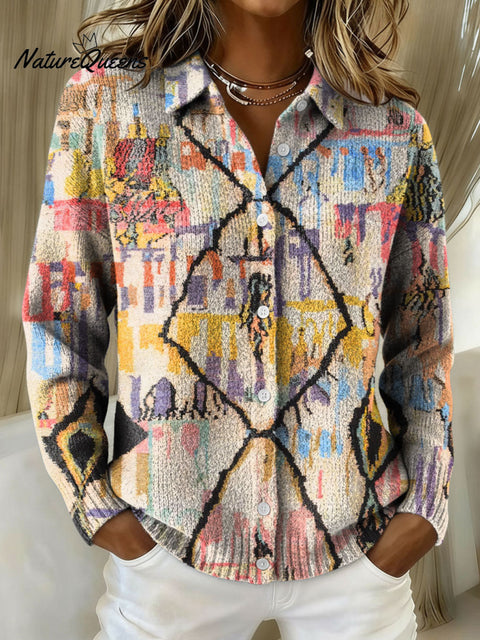 Women's Geometric Abstract Patchwork Pattern Art Print Cowl Neck Sweater