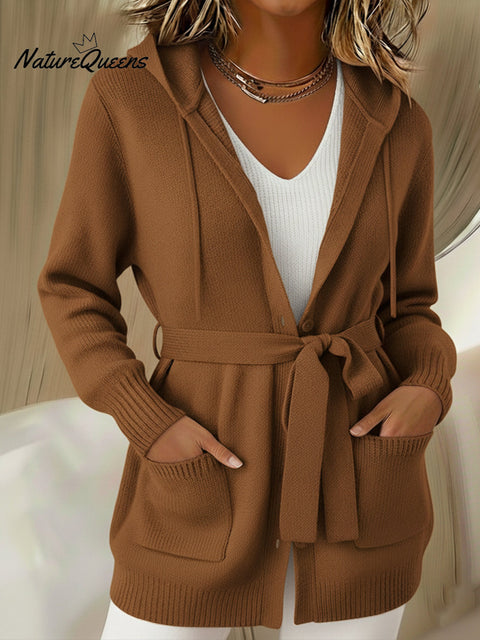 Women's Belted Hooded Cardigan Sweater