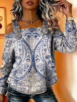 Women‘s Vintage Pattern Art Print Casual Cotton Denim Shirt