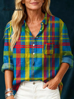 Women's Vintage Plaid Art Print Casual Cotton And Linen Shirt