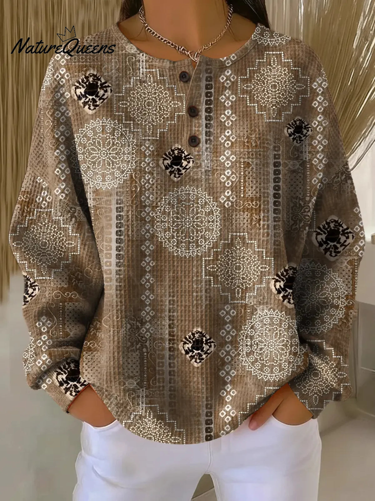 Women's VintagePattern Art Print Casual Waffle Sweatshirt