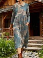 Painting Art Large Flowers Decorative Patterns Casual Peter Pan Collar Long Sleeve Dress