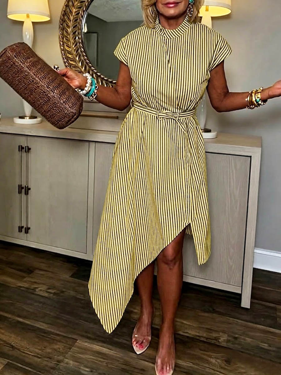 Women's Striped Print Stand-collar Short-sleeve Casual Loose Cotton-linen Dress