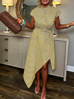 Women's Striped Print Stand-collar Short-sleeve Casual Loose Cotton-linen Dress