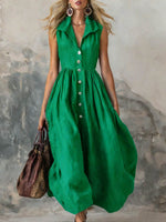 Women's Solid Color Lapel Sleeveless Casual Loose Cotton Dress