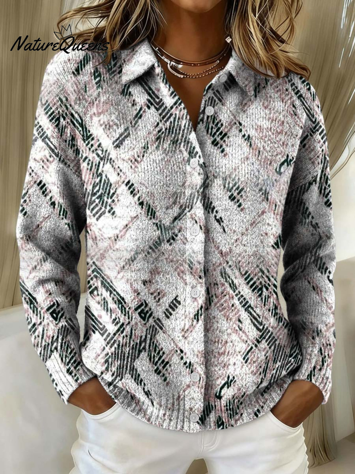 Mottled Geometric Line Decorative Pattern Casual Shirt Collar Long Sleeve Sweater