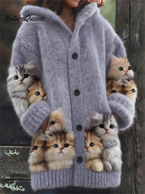 Women's Funny Cats Pattern Art Print Casual Fleece Coat