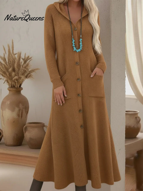 Cozy Loose-fitting Button-down Hooded Cardigan Knit Dress