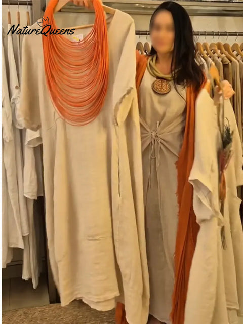 Women's Casual V-neck Pocket Cotton Linen Dress