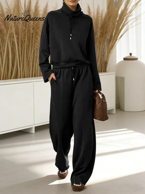 Women's Solid Color High-waisted Drawstring Wide-leg Casual Pants