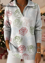 Christmas Print Lapel Casual Knit Sweater