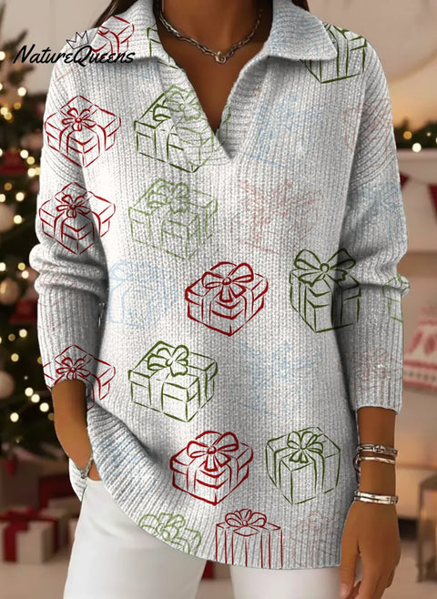 Christmas Print Lapel Casual Knit Sweater