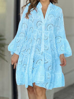 Women's Solid-color V-neck Loose-fit Dress With Embroidery And Cutout Lace