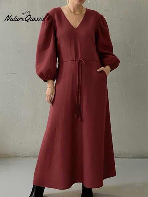 Elegant V-neck Puff Sleeve Adjustable Drawstring Linen Dress