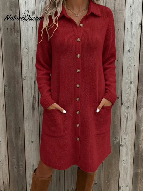Women's Casual Pocket Knit Midi Shirt Dress