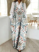 Women's Retro Flower Art Print Casual Loose Denim Vest Dress