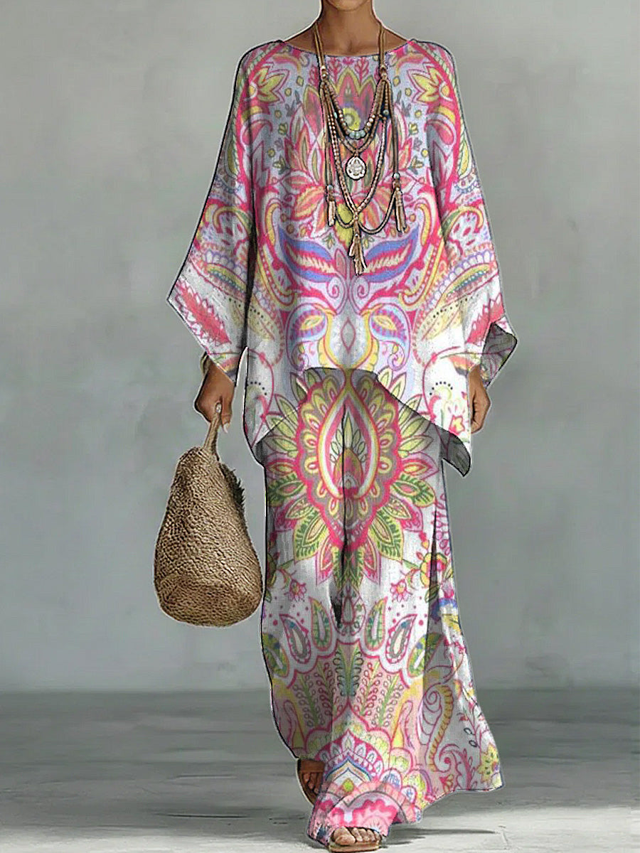 Retro Paisley Print Cotton-linen Loose Top + Wide-leg Pants Two-piece Set