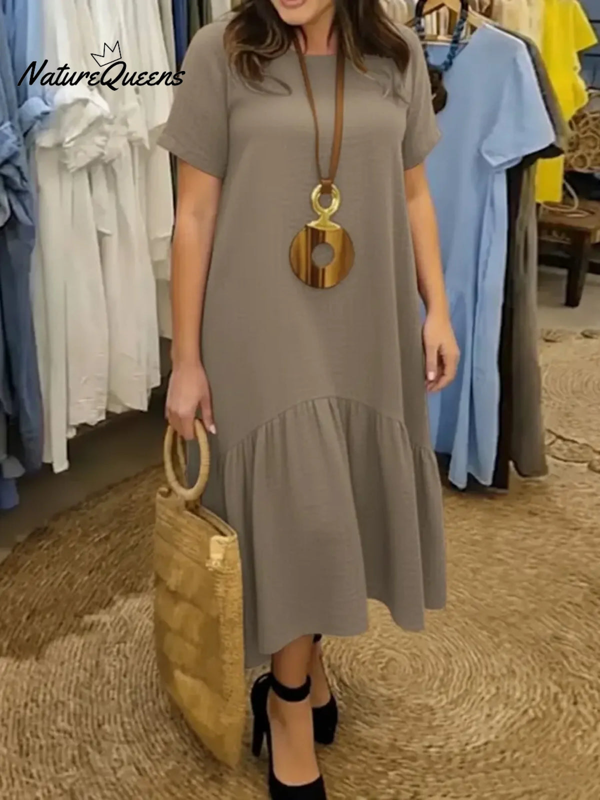 Women's Solid Color Round Neck Short-sleeved Casual Loose Ruffled Linen Dress