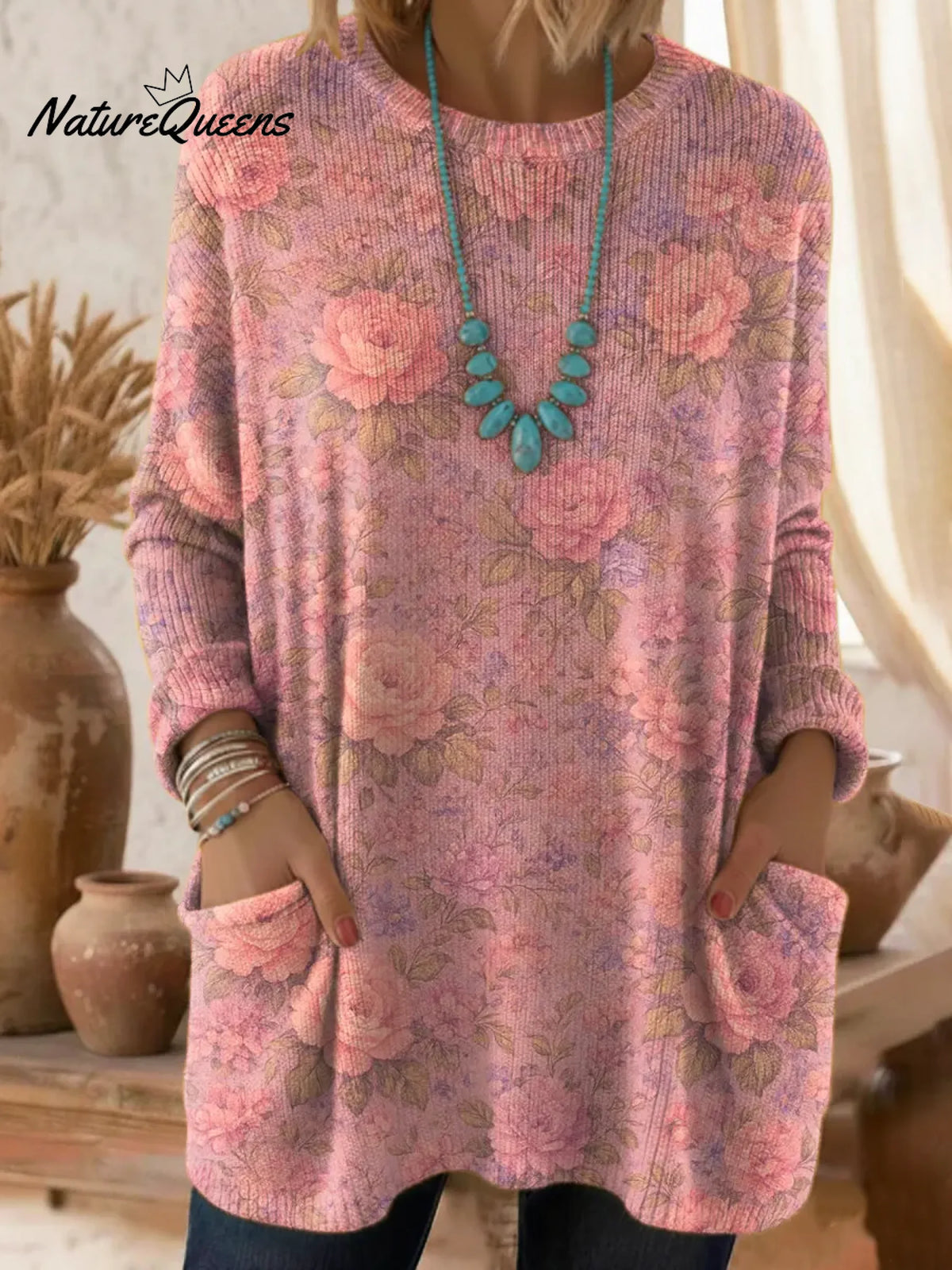 Women's Floral Pattern Art Print Casual Cotton Knitted Sweater