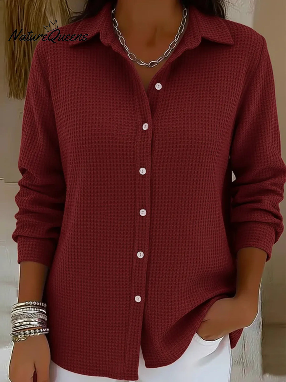 Casual Solid Color Waffle Button Shirt