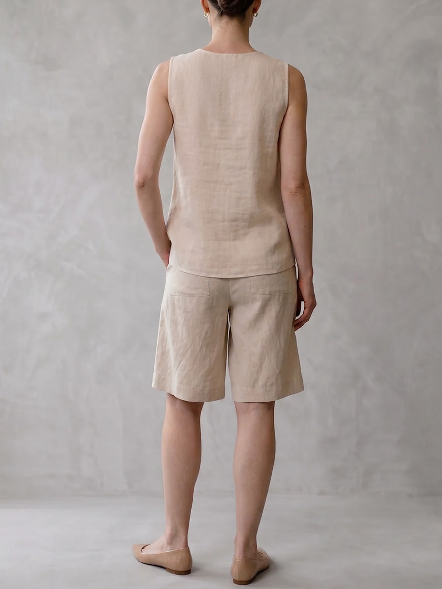 Women's Solid-color V-neck Sleeveless Loose-fit Cotton-linen Top & High-waisted Wide-leg Shorts Set