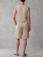 Women's Solid-color V-neck Sleeveless Loose-fit Cotton-linen Top & High-waisted Wide-leg Shorts Set