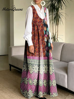 Women's Retro Splicing Colorful Flowers Pattern Art Print Casual Cotton Denim Dress