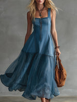 Stylish Casual Sleeveless Denim And Chiffon Patchwork Dress