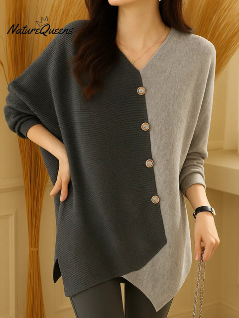 Women's Color-blocked V-neck Long-sleeved Casual Loose Knit Cardigan