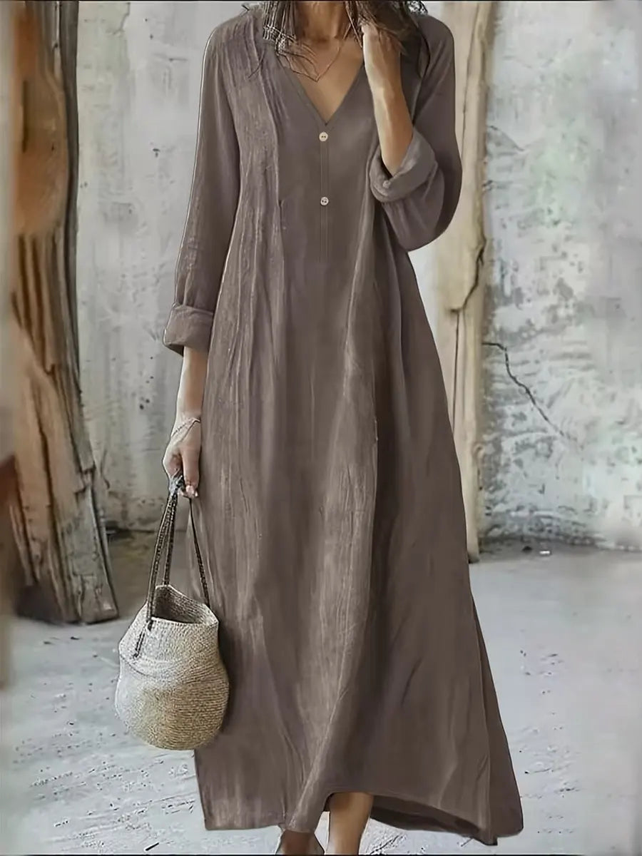 Women's Solid Color Art Casual Long Sleeve Cotton Linen Dress