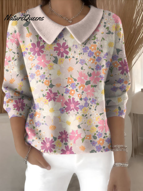 Pastoral Floral Decorative Patterns Women's Casual Peter Pan Collar Sweater