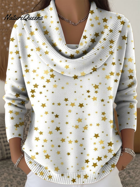Festival Celebration Gold Star Decorative Pattern Women's Casual Swing Collar Long Sleeve Sweater