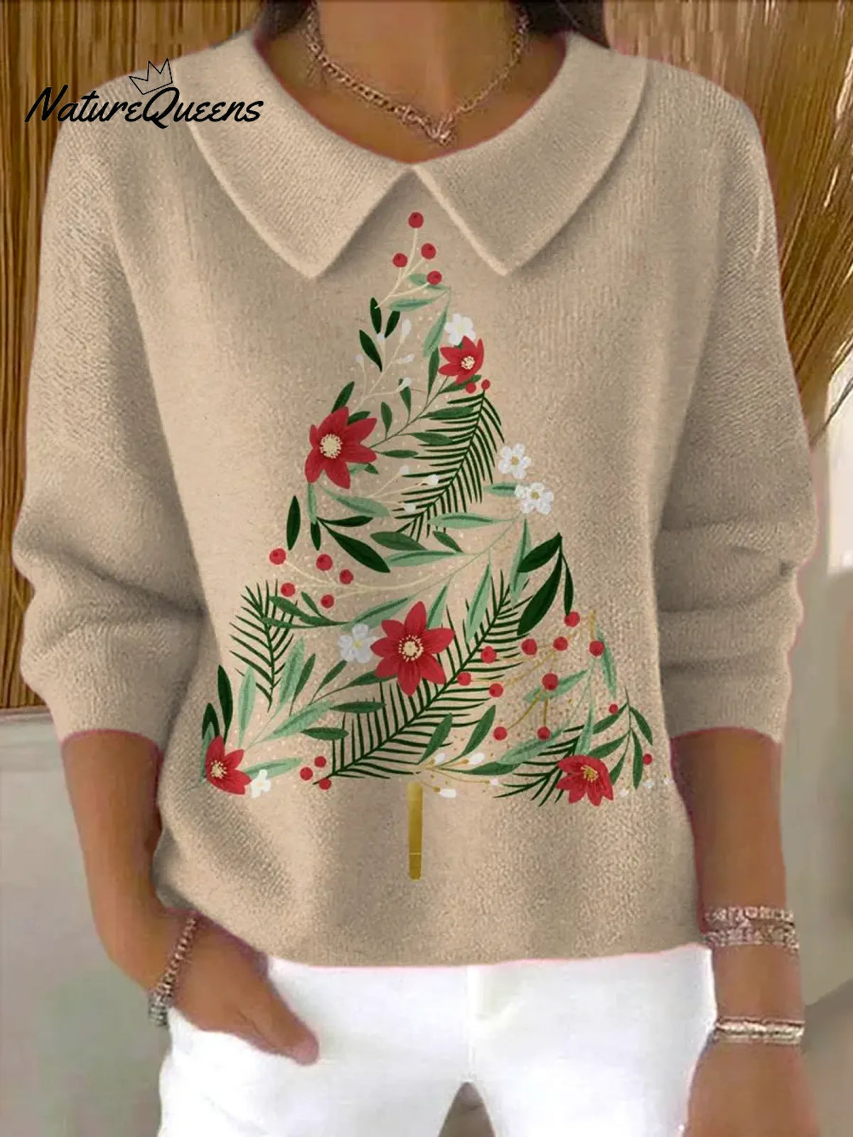 Women'sChristmas TreePrint Casual Peter Pan Collar 3/4 Sleeve Sweater
